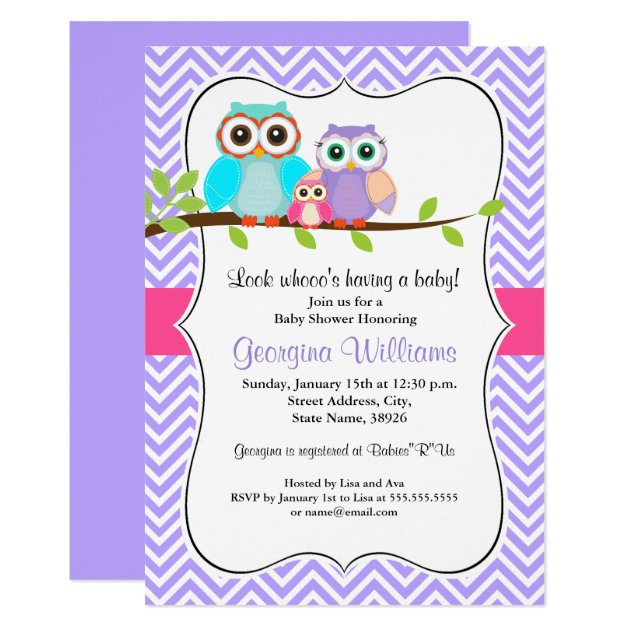 Cute Owl Girl Baby Shower Invitation Pink & Purple