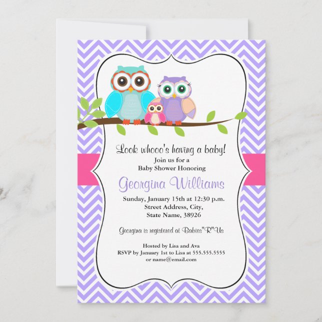 Cute Owl Girl Baby Shower Invitation Pink & Purple (Front)