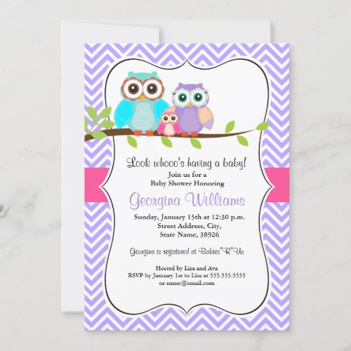 Cute Owl Girl Baby Shower Invitation Pink  Purple