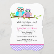 Cute Owl Girl Baby Shower Invitation Purple Pink