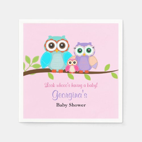 Cute Owl Girl Baby Shower Napkins