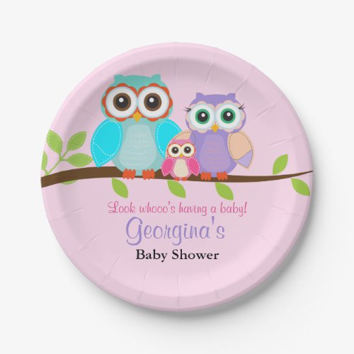 Cute Owl Girl Baby Shower Paper Plates