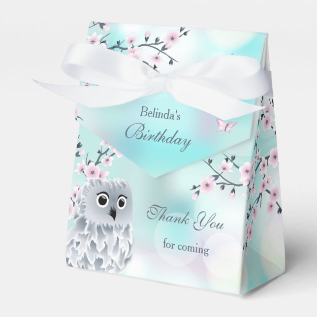 Cute Owl Girls Birthday Thank You Favor Boxes (Front Side)