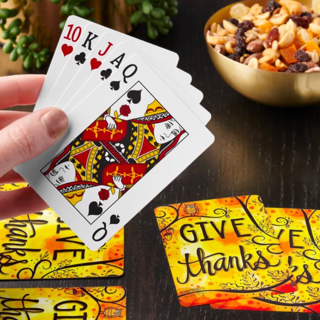 Cute Owl Give Thanks Orange Autumn Inspirivity Poker Cards (Creator Uploaded)