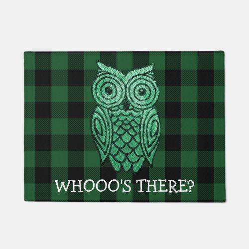 Cute Owl Green Rustic Lumberjack Plaid Whos There Doormat