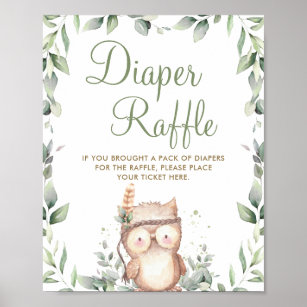 Cute Owl Greenery Baby Shower Diaper Raffle Sign