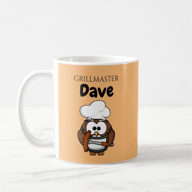 Cute Owl Grillmaster Personalized Coffee Mug (Left)