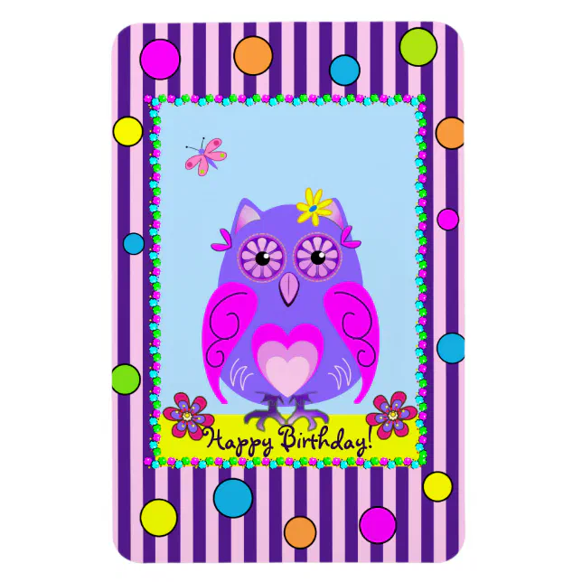 Cute Owl Happy Birthday text Photo Magnet | Zazzle