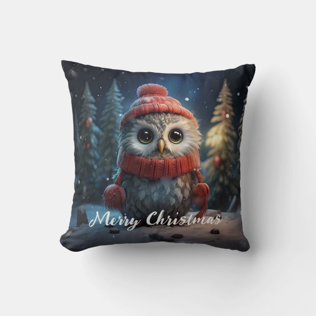 Cute Owl Happy Holidays Christmas Throw Pillow (Front)