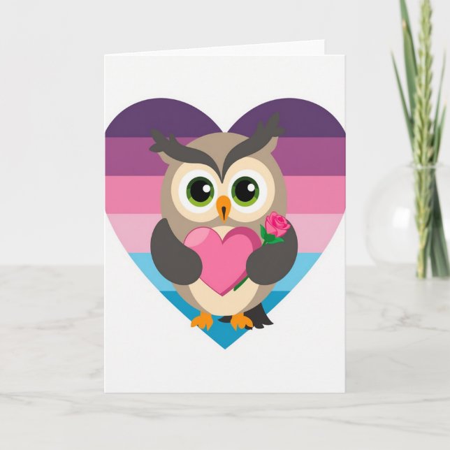Cute Owl Heart Rose Card (Front)