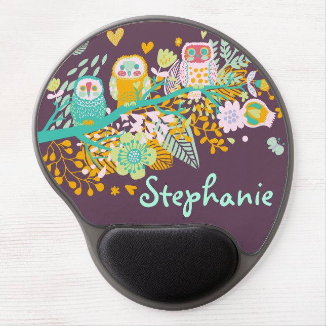 Cute Owl Hearts & Flowers Floral Gel Mouse Pad (Front)