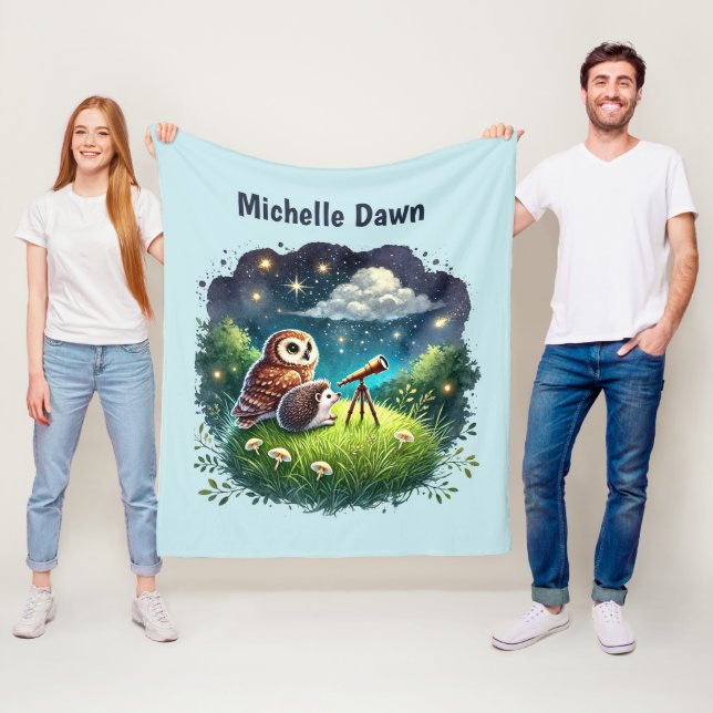 Cute owl hedgehog star gazing lovers add name fleece blanket (In Situ)