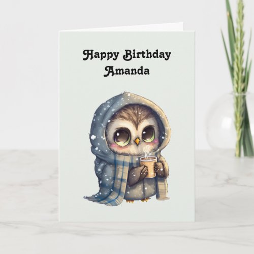 Cute Owl Holding a Coffee Birthday Card
