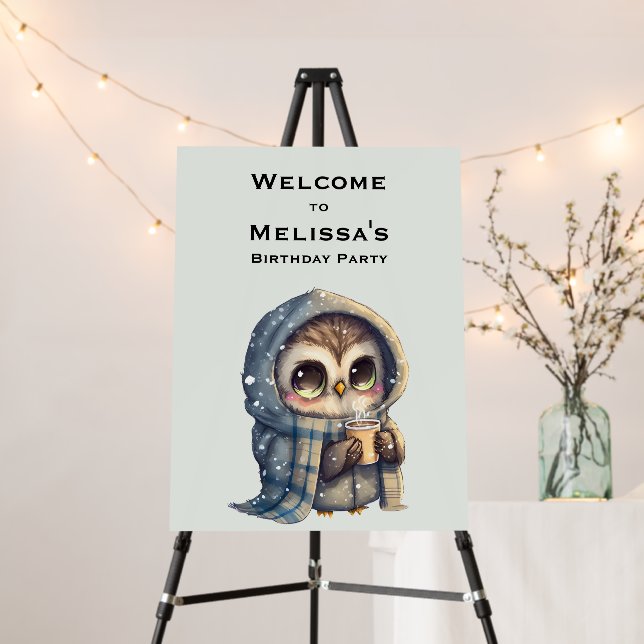 Cute Owl Holding a Coffee Birthday Welcome Foam Board (In Situ (Stand))