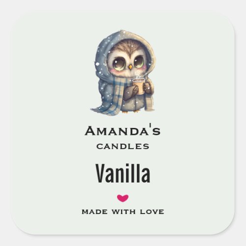 Cute Owl Holding a Coffee Candle Business Square Sticker