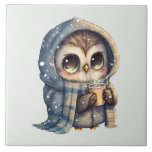 Cute Owl Holding a Coffee Ceramic Tile<br><div class="desc">Designed with a kawaii illustration of a big-eyed owl in a winter robe and scarf holding a hot coffee.</div>
