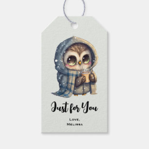 Cute Owl Holding a Coffee Just for You Gift Tags