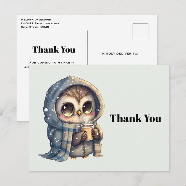 Cute Owl Holding a Coffee Thank You Postcard (Front/Back)