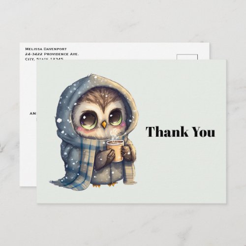 Cute Owl Holding a Coffee Thank You Postcard