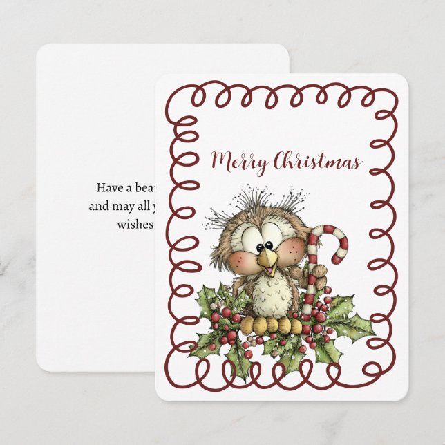 Cute Owl Holding Candy Cane Holiday Card (Front/Back)