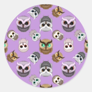 Cute Owl Illustration Pattern on Purple Background Classic Round Sticker
