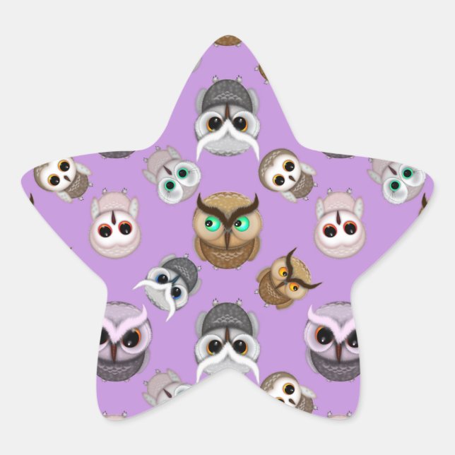 Cute Owl Illustration Pattern on Purple Background Star Sticker (Front)