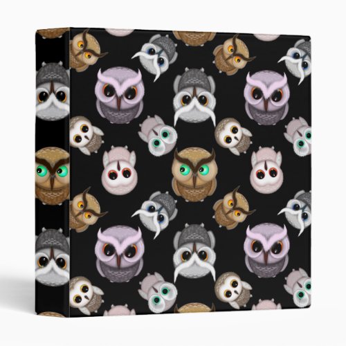 Cute Owl Illustrations over Black Background 3 Ring Binder