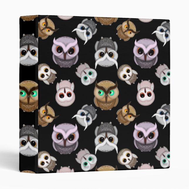 Cute Owl Illustrations over Black Background 3 Ring Binder (Front/Spine)