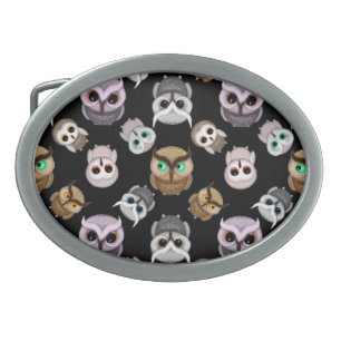 Cute Owl Illustrations over Black Background Belt Buckle