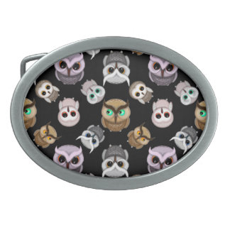 Cute Owl Illustrations over Black Background Belt Buckle