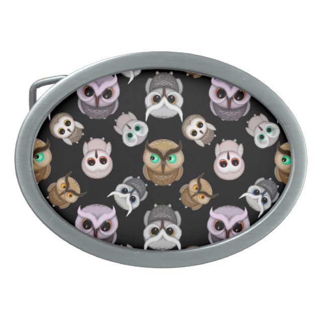 Cute Owl Illustrations over Black Background Belt Buckle (Front)