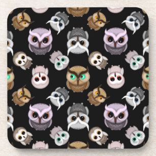 Cute Owl Illustrations over Black Background Beverage Coaster
