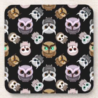 Cute Owl Illustrations over Black Background Beverage Coaster