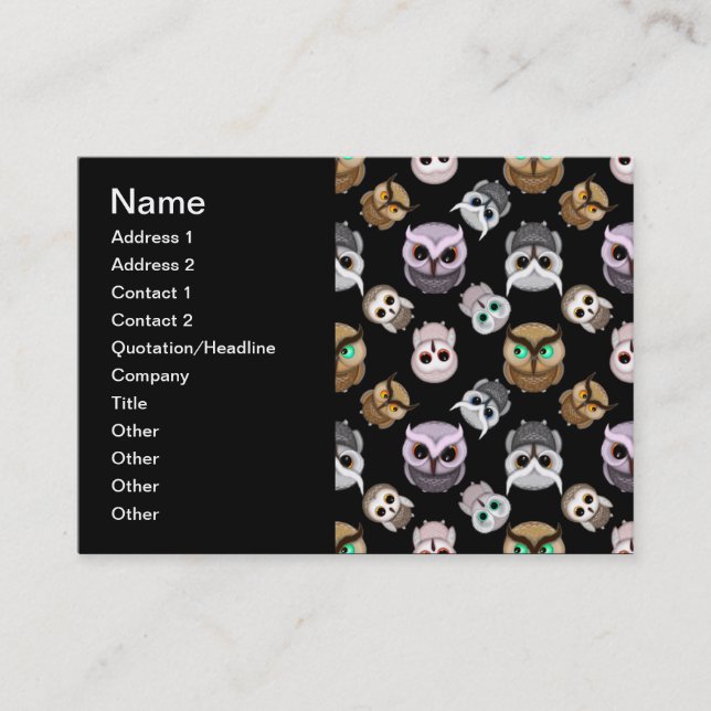 Cute Owl Illustrations over Black Background Business Card (Front)