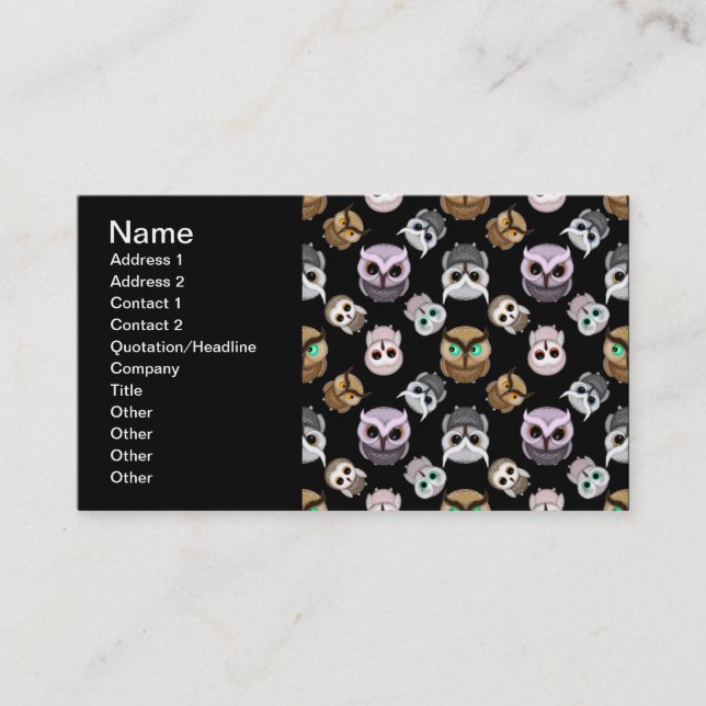 Cute Owl Illustrations over Black Background Business Card (Front)