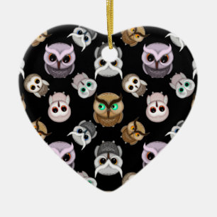 Cute Owl Illustrations over Black Background Ceramic Ornament