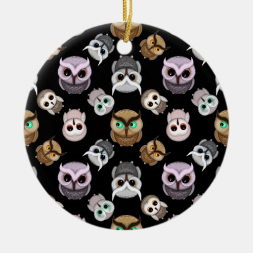 Cute Owl Illustrations over Black Background Ceramic Ornament