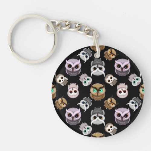 Cute Owl Illustrations over Black Background Keychain