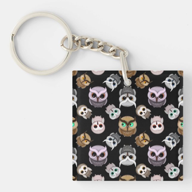 Cute Owl Illustrations over Black Background Keychain (Front)