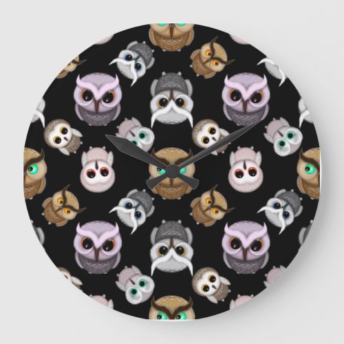 Cute Owl Illustrations over Black Background Large Clock