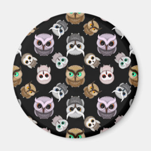 Cute Owl Illustrations over Black Background Magnet