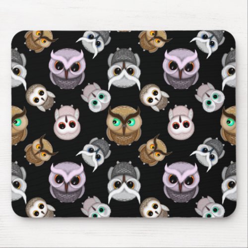 Cute Owl Illustrations over Black Background Mouse Pad