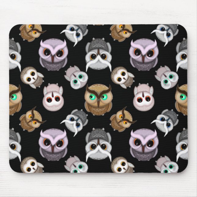 Cute Owl Illustrations over Black Background Mouse Pad (Front)