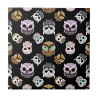 Cute Owl Illustrations over Black Background Tile