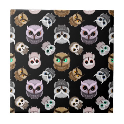 Cute Owl Illustrations over Black Background Tile