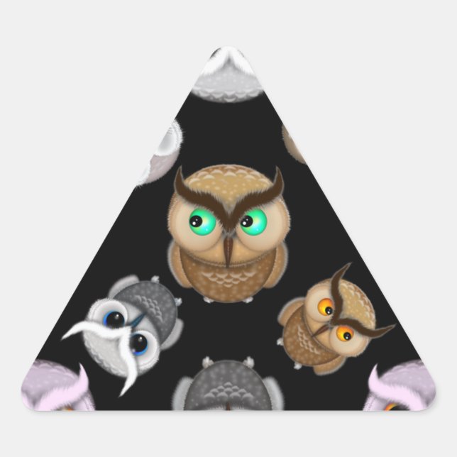 Cute Owl Illustrations over Black Background Triangle Sticker (Front)