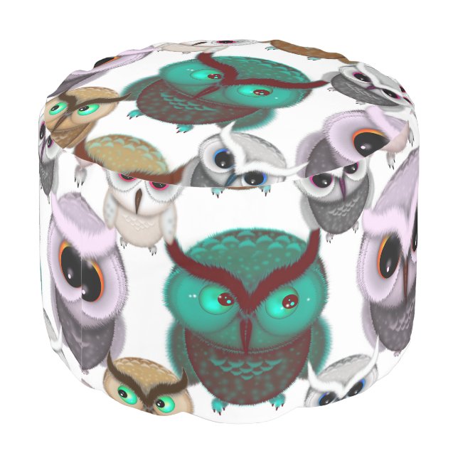 Cute Owl Illustrations Pattern Pouf (Angled Back)