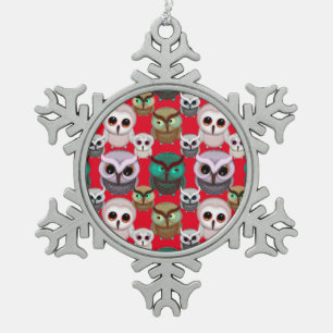 Cute Owl Illustrations Pattern Snowflake Pewter Christmas Ornament