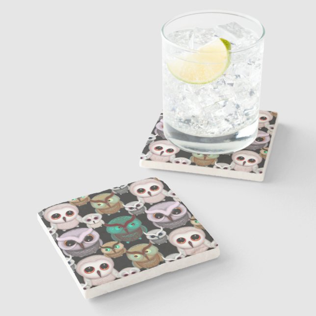 Cute Owl Illustrations Pattern Stone Coaster (Side)