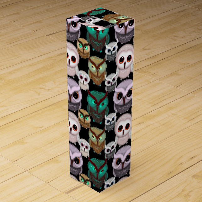 Cute Owl Illustrations Pattern Wine Gift Box (Front)